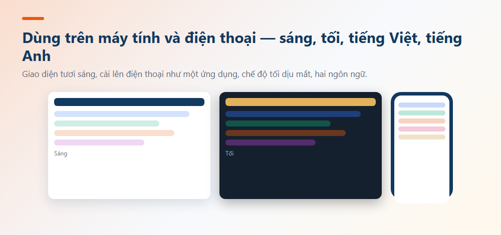 Dùng trên máy tính và điện thoại — sáng, tối, tiếng Việt, tiếng Anh