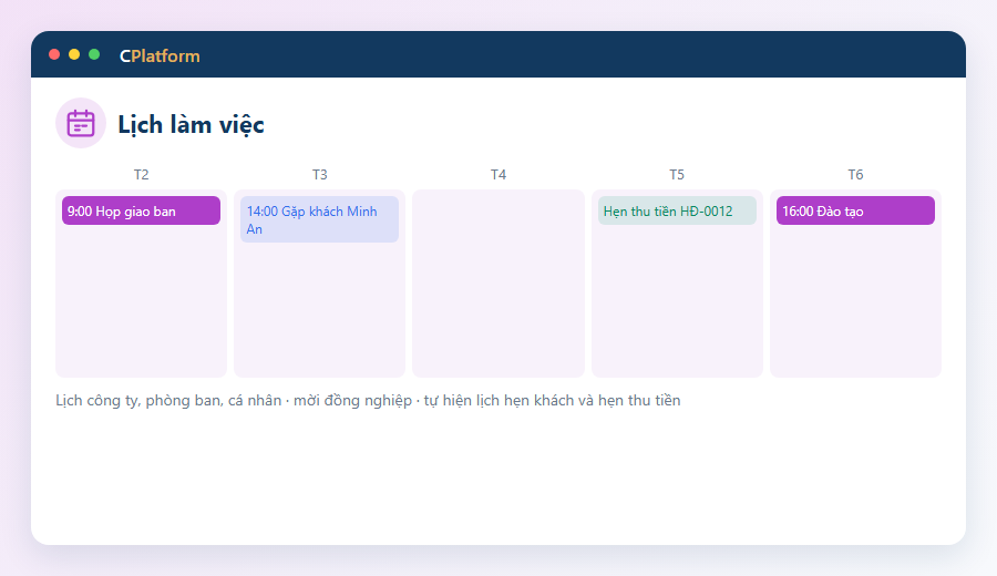 Lịch làm việc — Ảnh minh hoạ màn hình — số liệu mẫu.