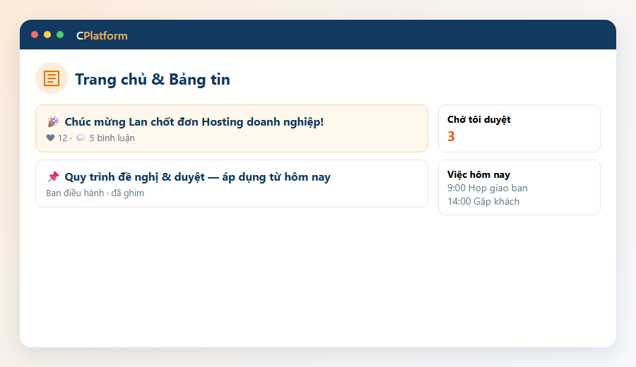Trang chủ & Bảng tin — Ảnh minh hoạ màn hình — số liệu mẫu.