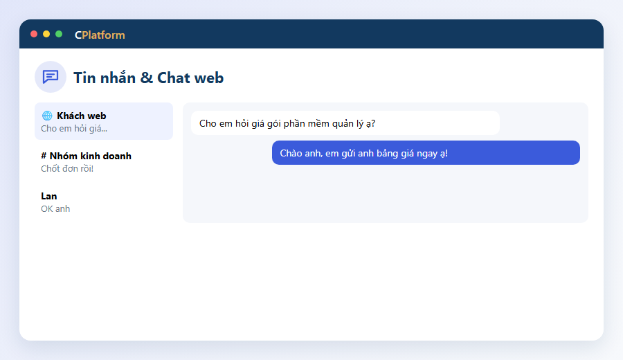 Tin nhắn & Chat web — Ảnh minh hoạ màn hình — số liệu mẫu.